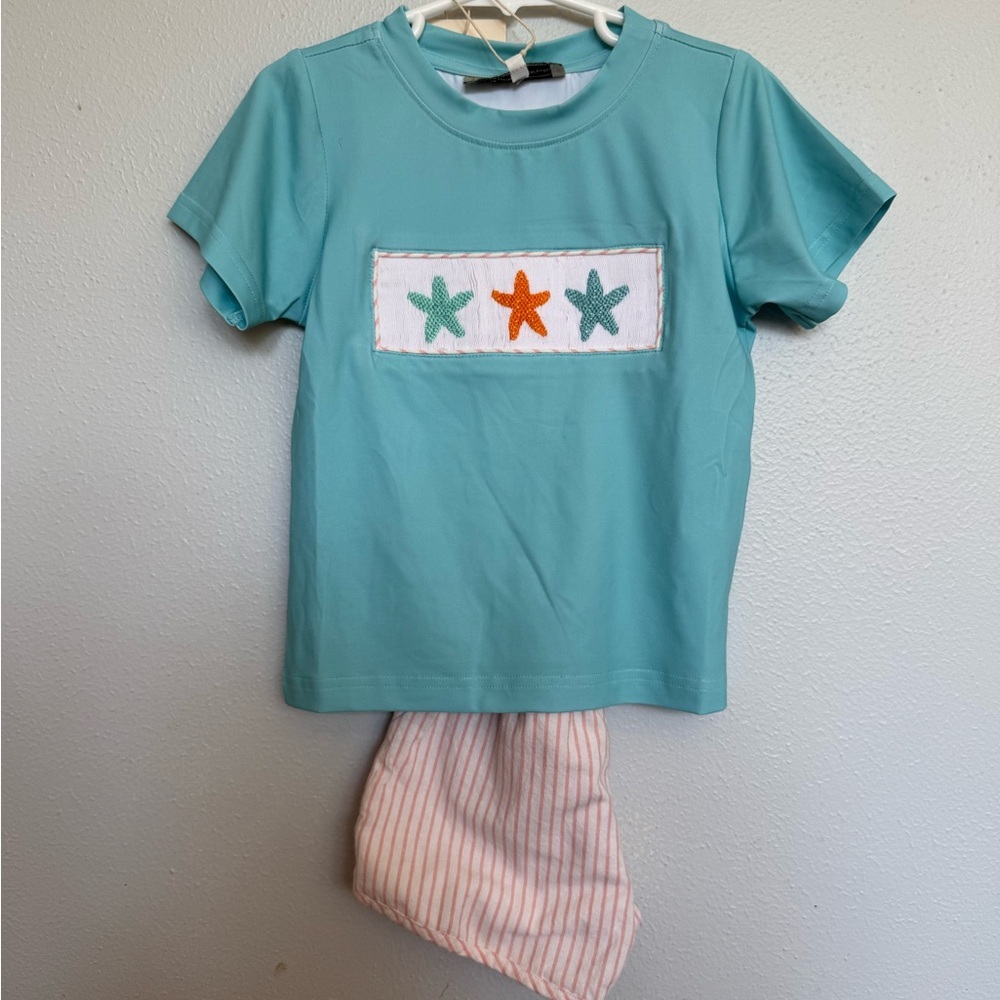 Southern Darlin Smocks Aqua Short Sleeve Tee with Starfish Smocking and shorts